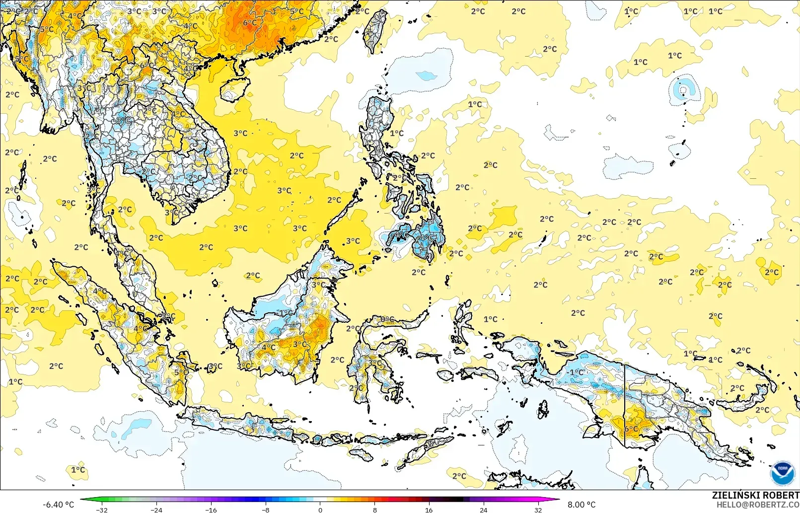 GFS model - Güneydoğu Asya, 2 m Sıcaklık Anomalisi
