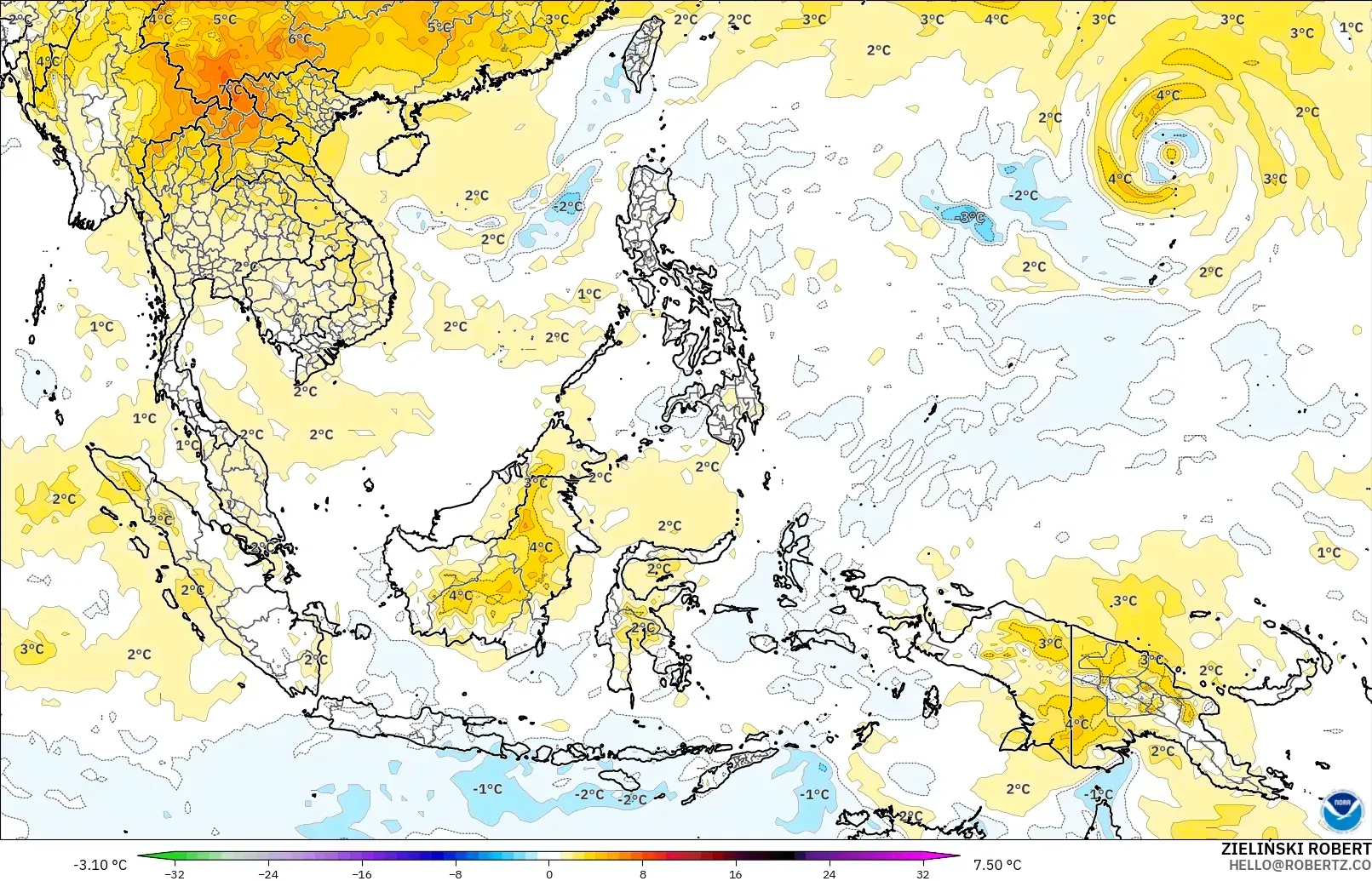 GFS model - Güneydoğu Asya, 850 hPa Sıcaklık Anomalisi