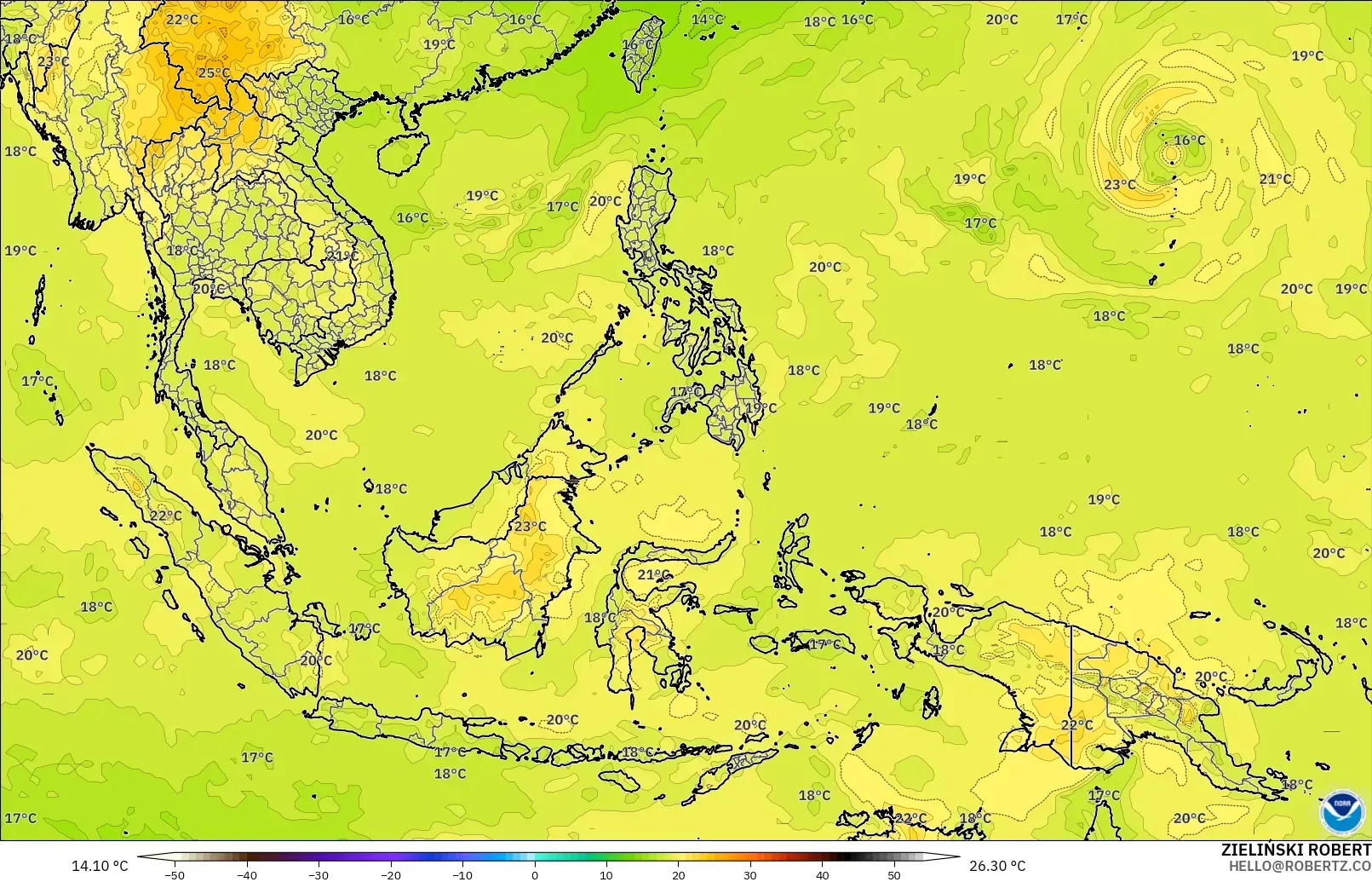 GFS model - Güneydoğu Asya, 850 hPa Sıcaklık