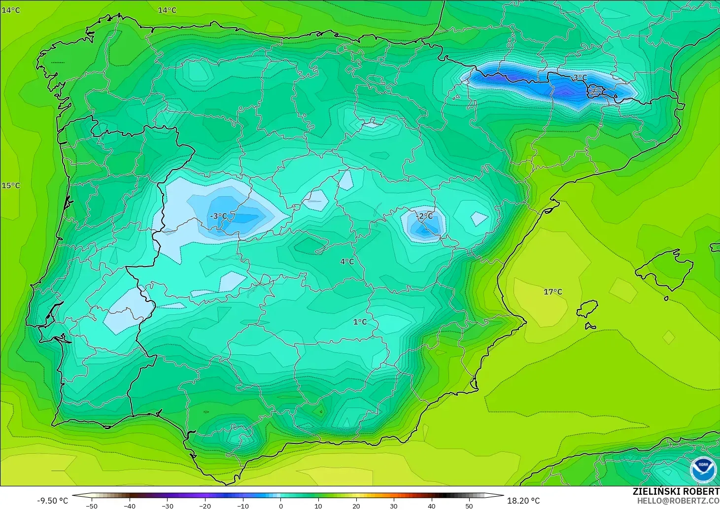 GFS model - İspanya, 2 m Çiy Noktası