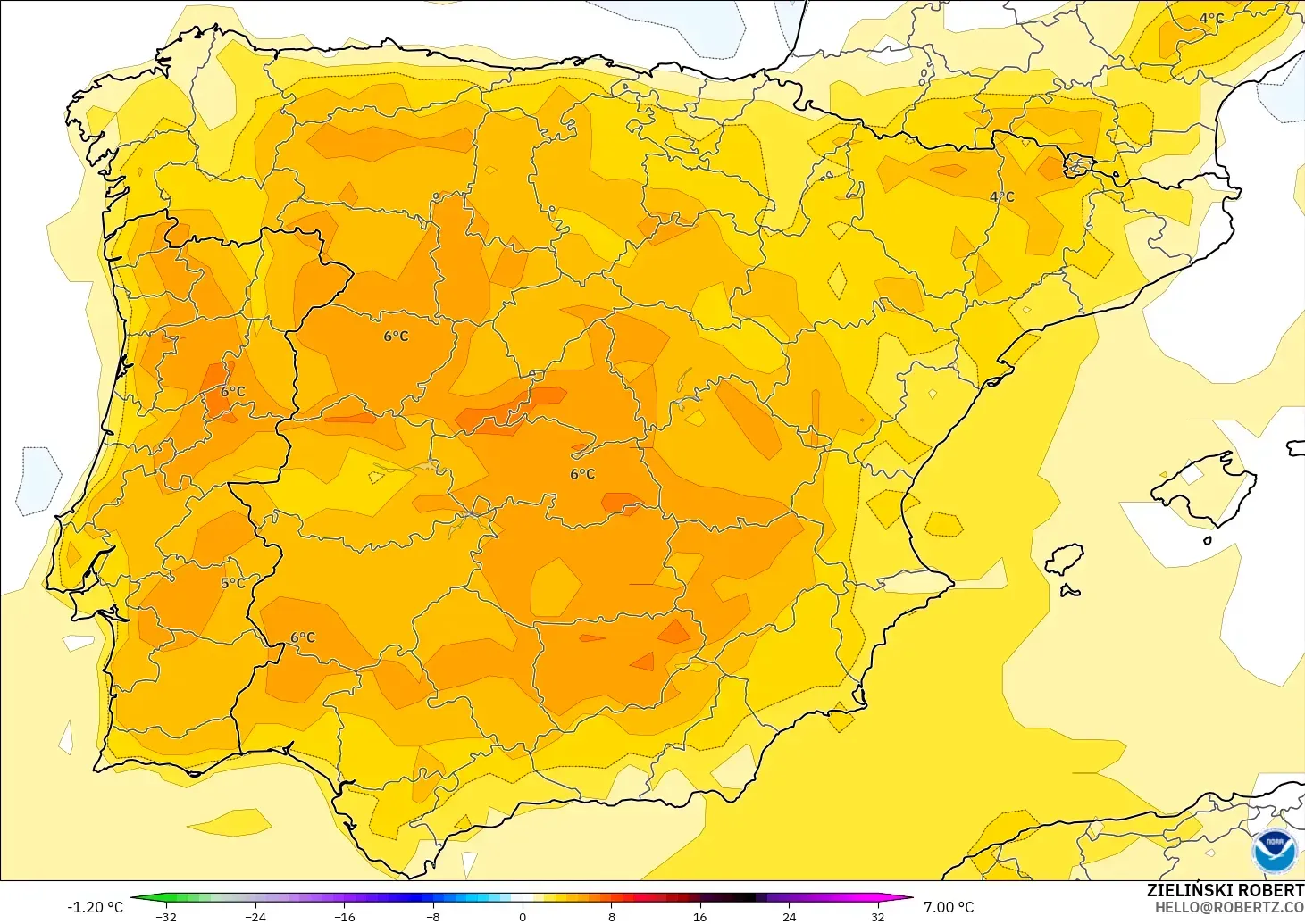GFS model - İspanya, 2 m Sıcaklık Anomalisi