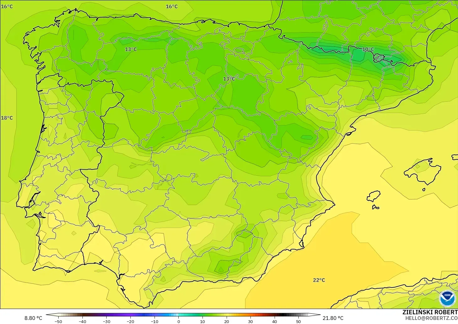 GFS model - İspanya, 2 m Sıcaklık