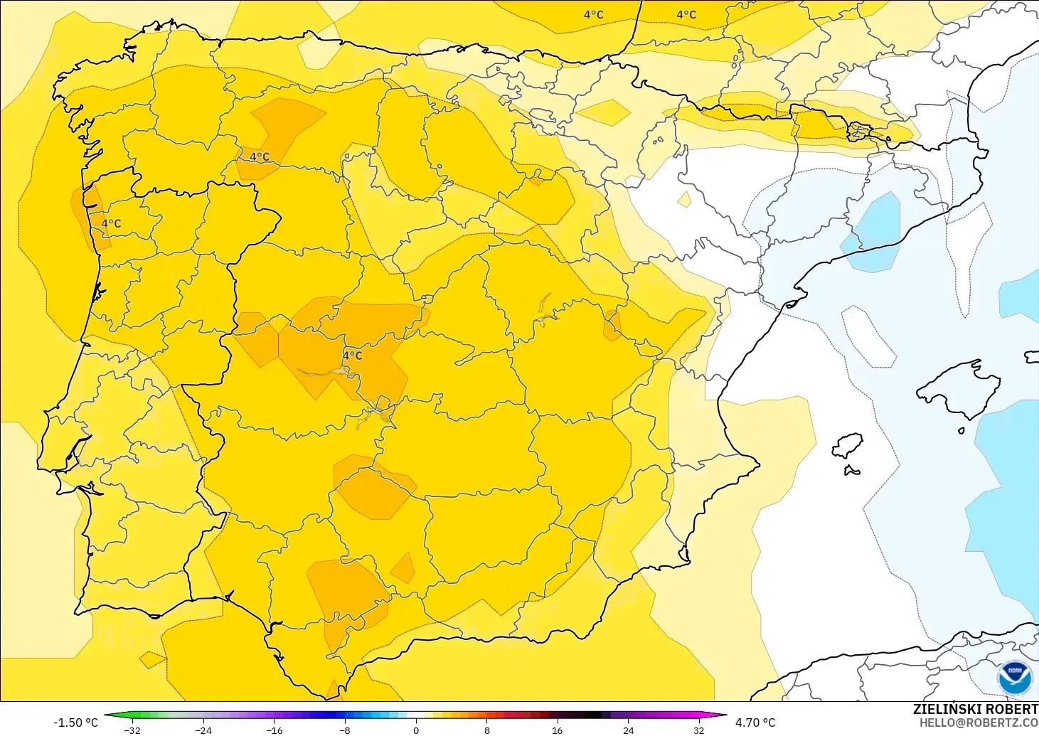 GFS model - İspanya, 850 hPa Sıcaklık Anomalisi