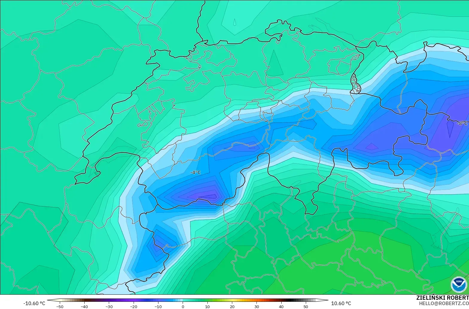 GFS model - İsviçre, 2 m Çiy Noktası