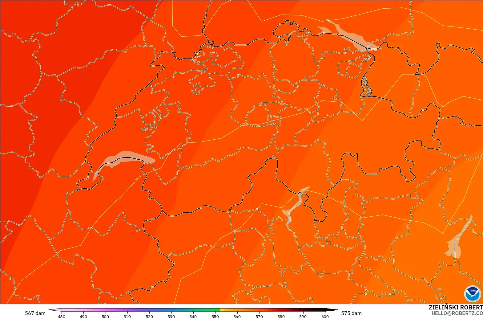 GFS model - İsviçre, 500 hPa’da jeopotansiyel yükseklik