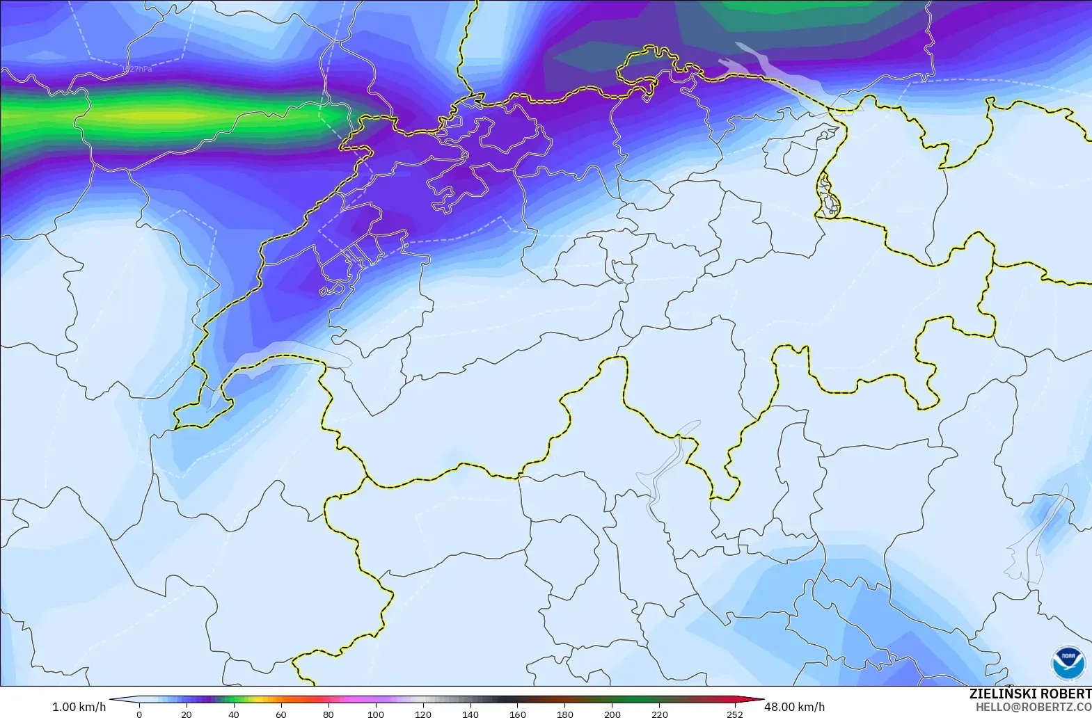 GFS model - İsviçre, En Yüksek Rüzgâr