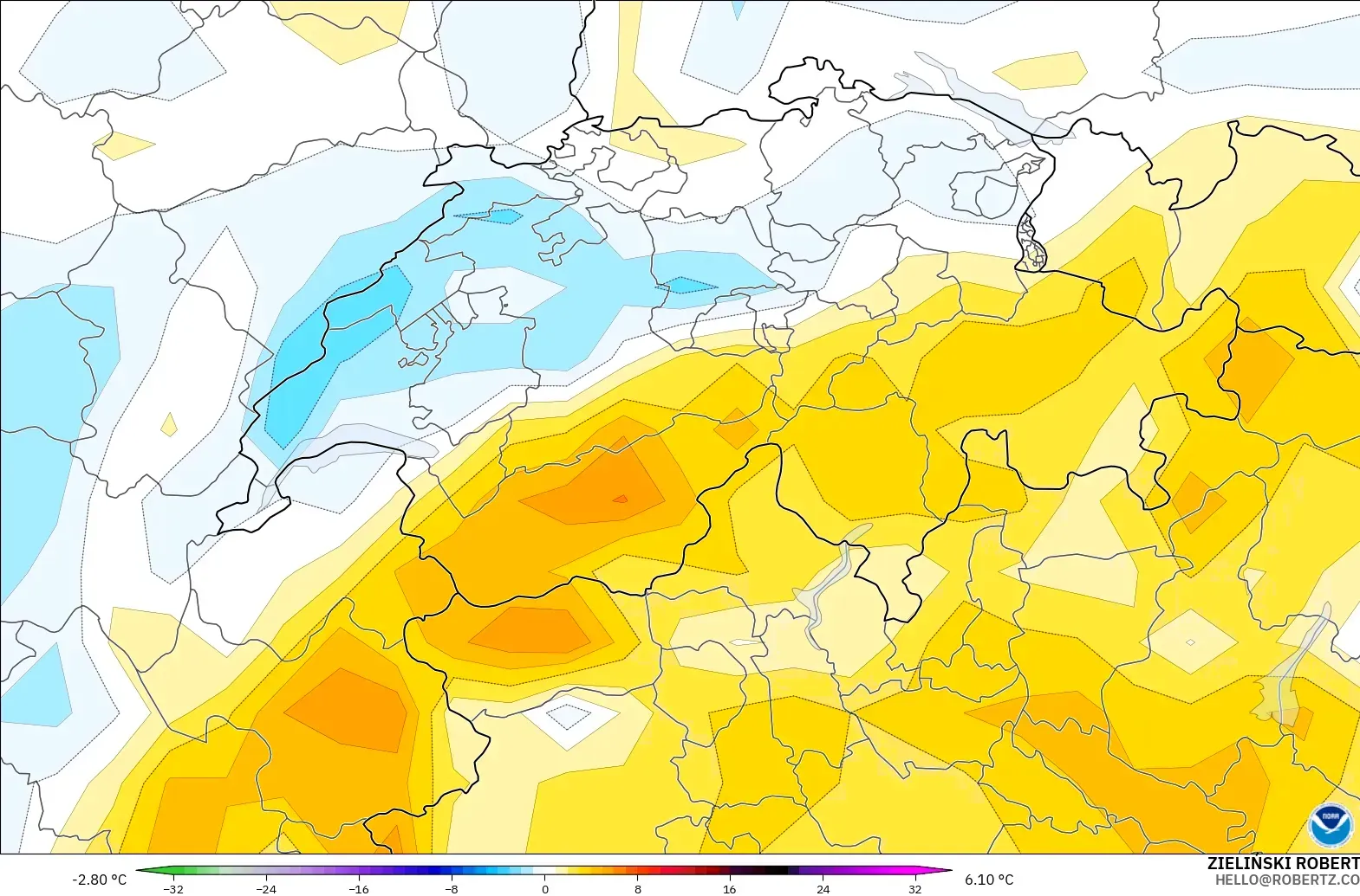 GFS model - İsviçre, 2 m Sıcaklık Anomalisi