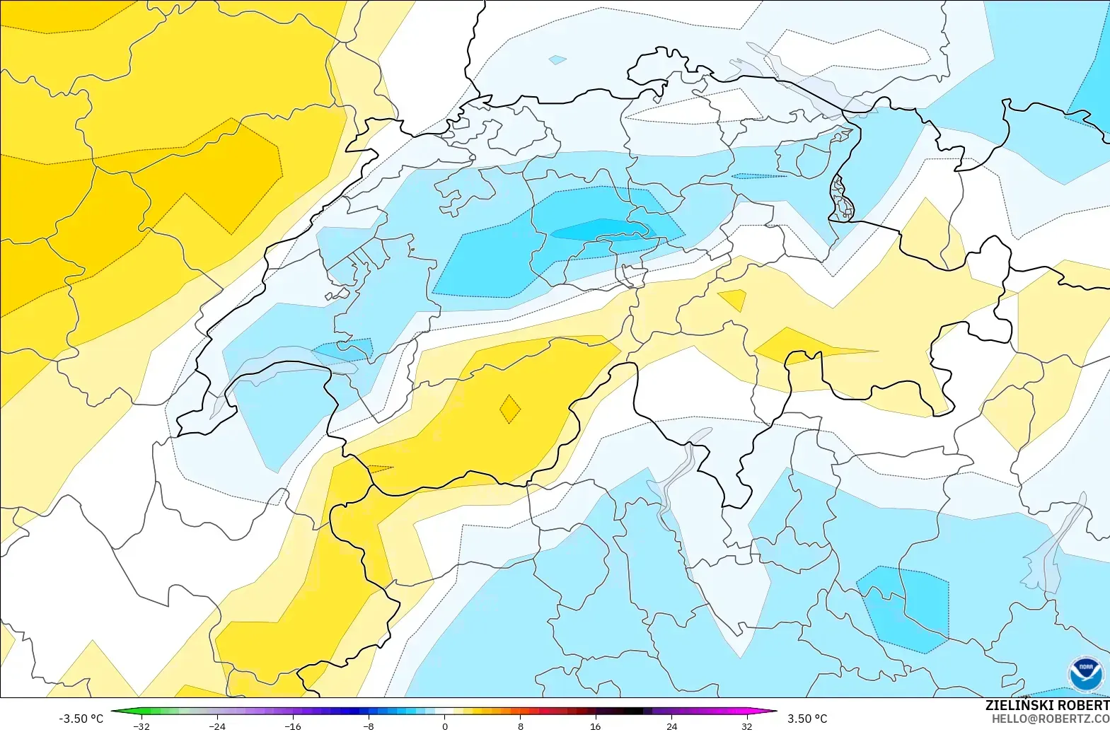 GFS model - İsviçre, 850 hPa Sıcaklık Anomalisi