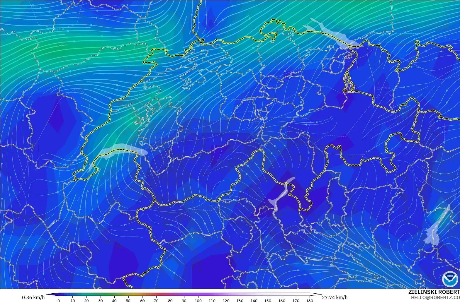 GFS model - İsviçre, 10 m Rüzgâr