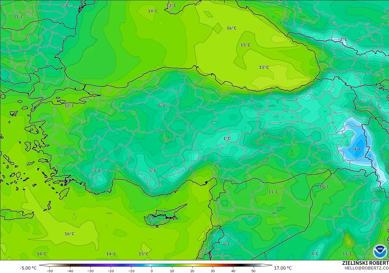 GFS model - Türkiye, 2 m Çiy Noktası