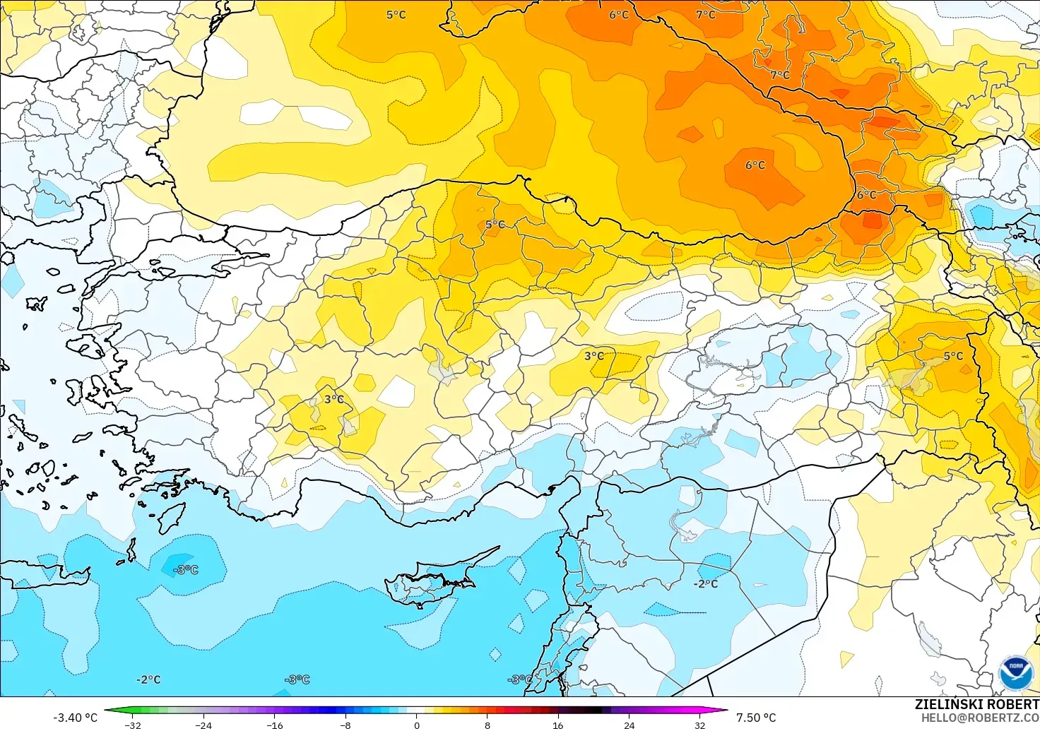 GFS model - Türkiye, 850 hPa Sıcaklık Anomalisi