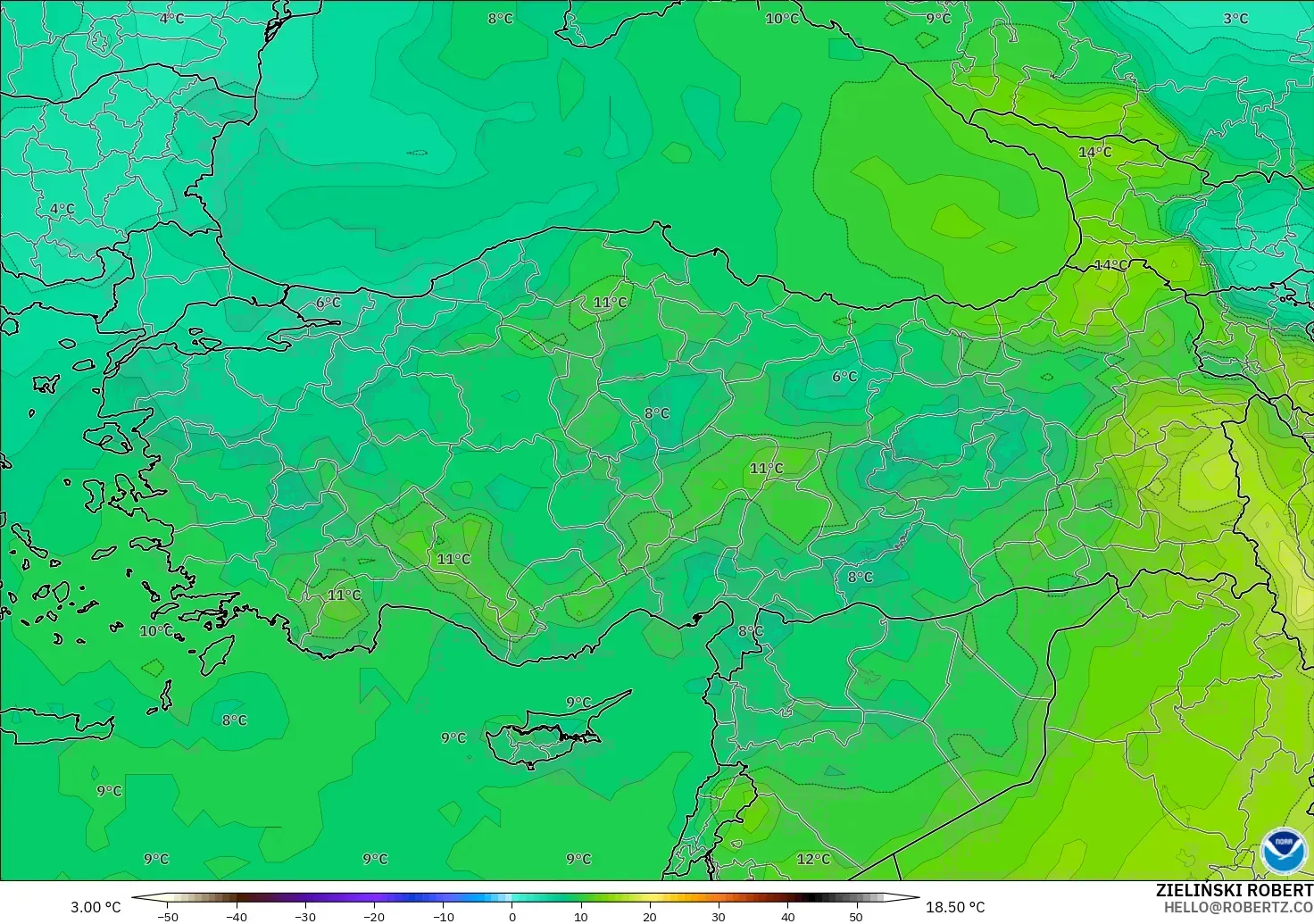 GFS model - Türkiye, 850 hPa Sıcaklık