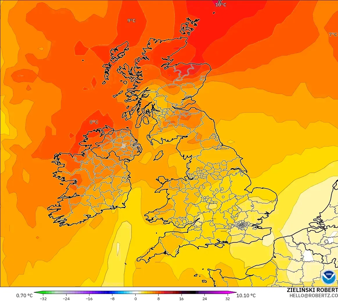 GFS model - Birleşik Krallık, 850 hPa Sıcaklık Anomalisi