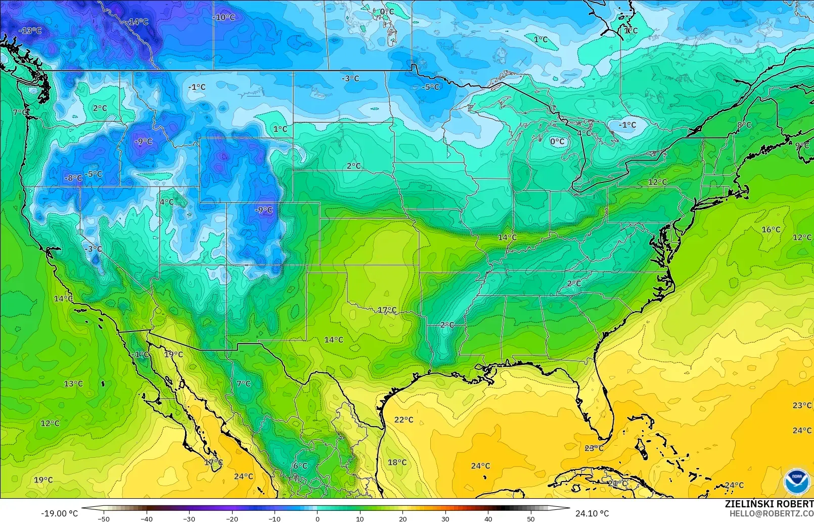 GFS model - Amerika Birleşik Devletleri, 2 m Çiy Noktası