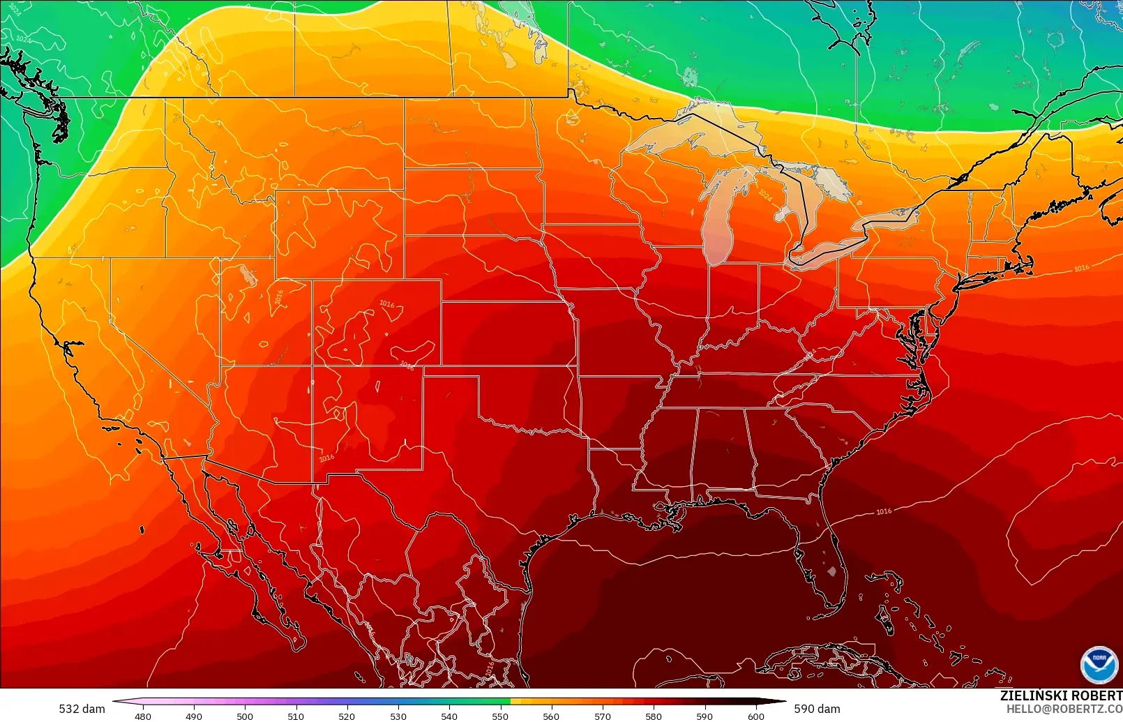 GFS model - Amerika Birleşik Devletleri, 500 hPa’da jeopotansiyel yükseklik