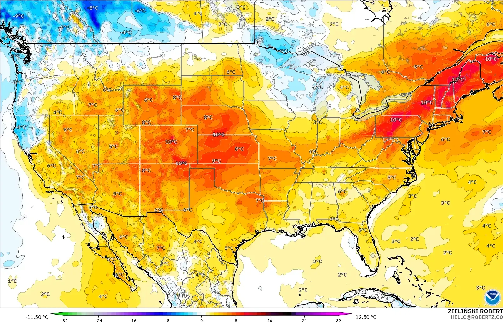 GFS model - Amerika Birleşik Devletleri, 2 m Sıcaklık Anomalisi