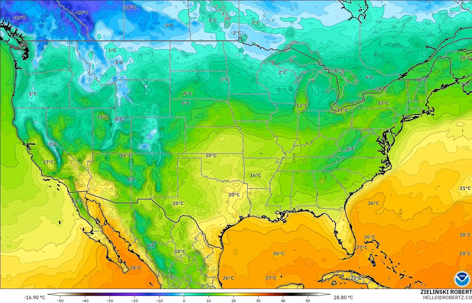 GFS model - Amerika Birleşik Devletleri, 2 m Sıcaklık