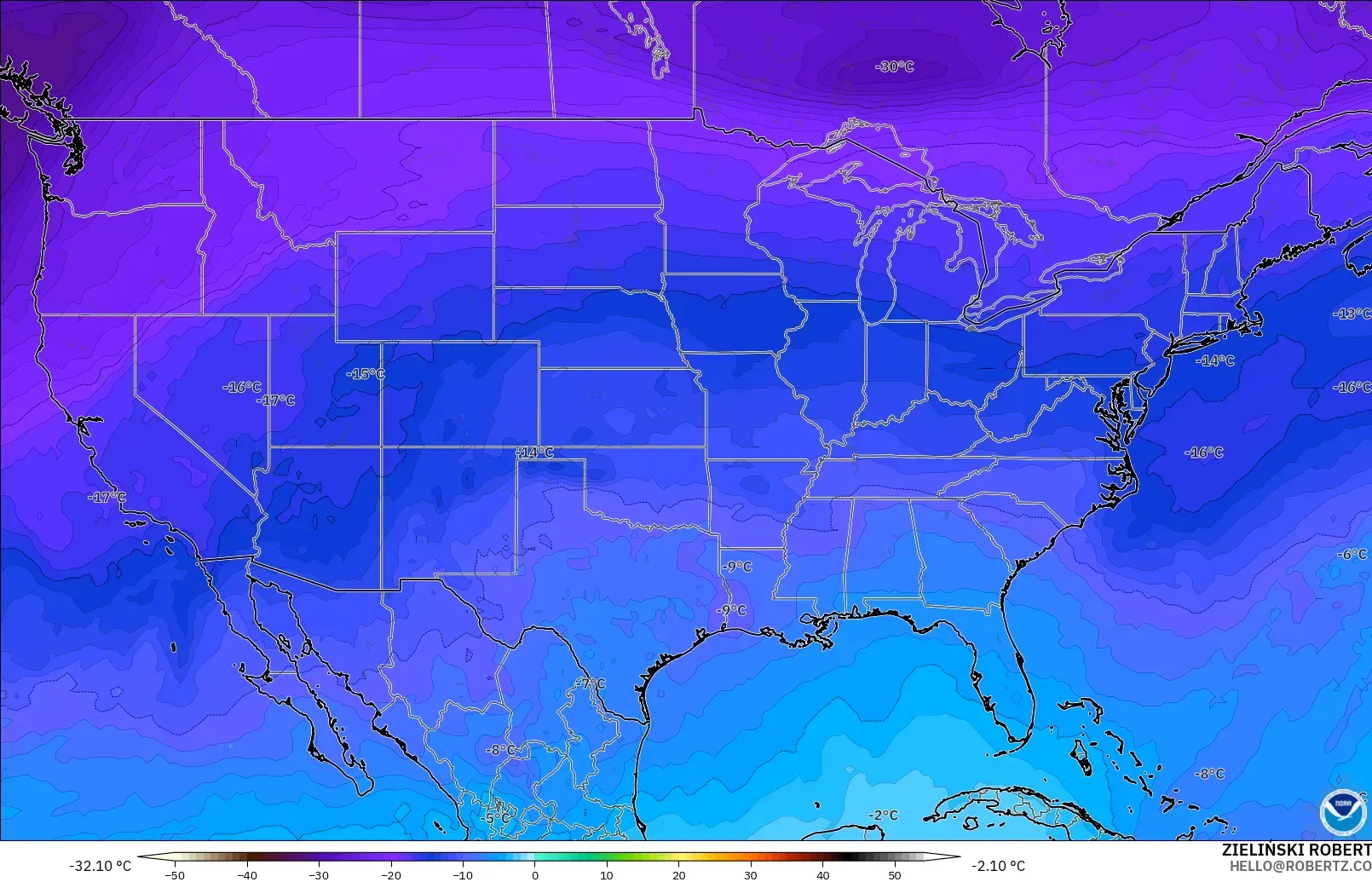 GFS model - Amerika Birleşik Devletleri, 500 hPa Sıcaklık