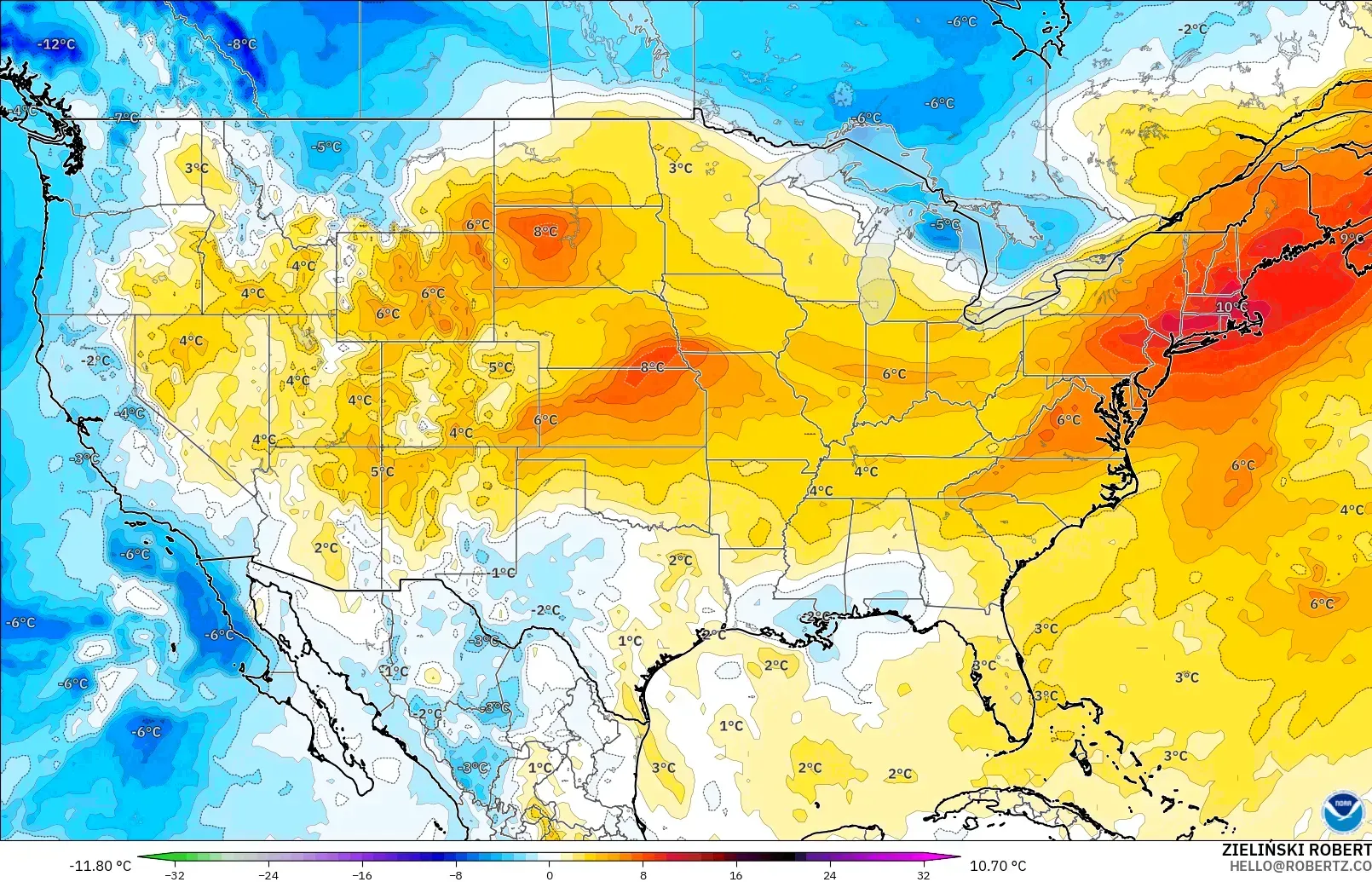 GFS model - Amerika Birleşik Devletleri, 850 hPa Sıcaklık Anomalisi