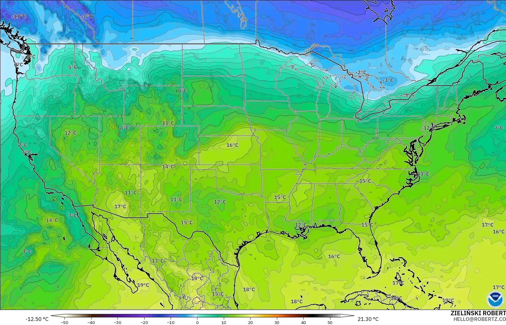 GFS model - Amerika Birleşik Devletleri, 850 hPa Sıcaklık