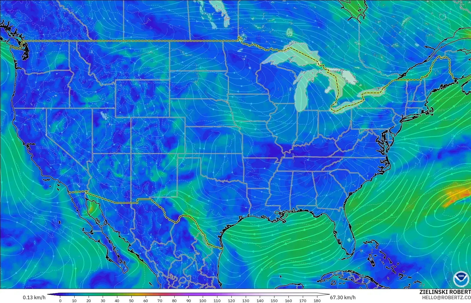 GFS model - Amerika Birleşik Devletleri, 10 m Rüzgâr