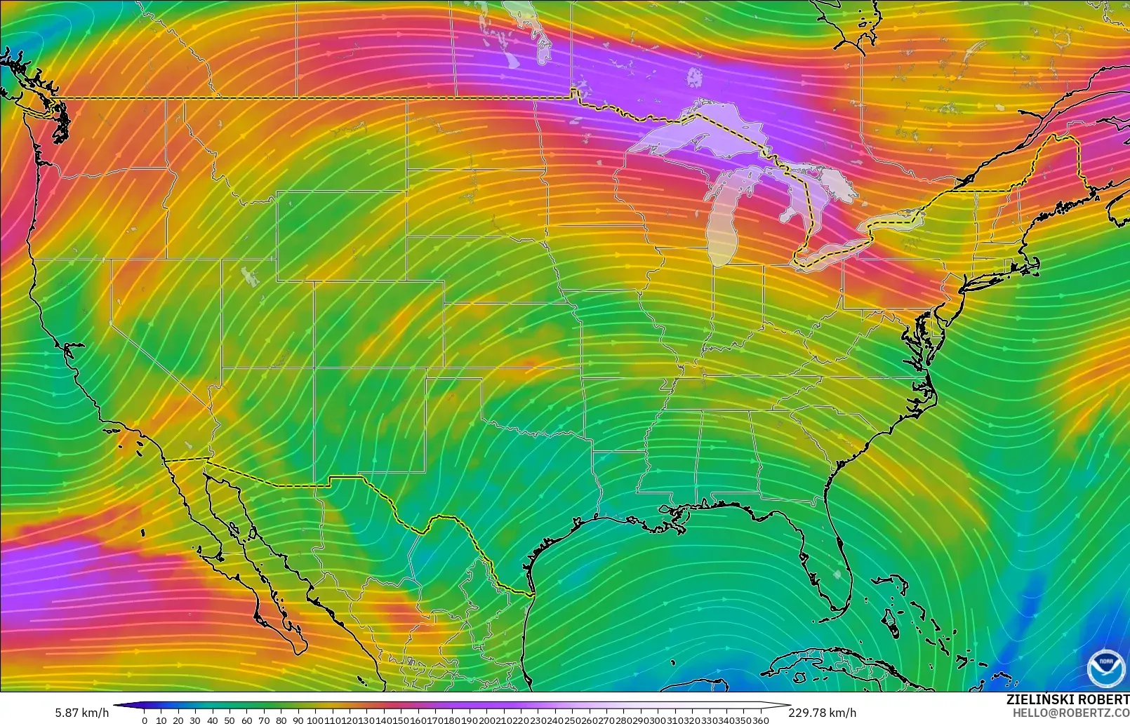 GFS model - Amerika Birleşik Devletleri, 300 hPa Rüzgârı (jet)