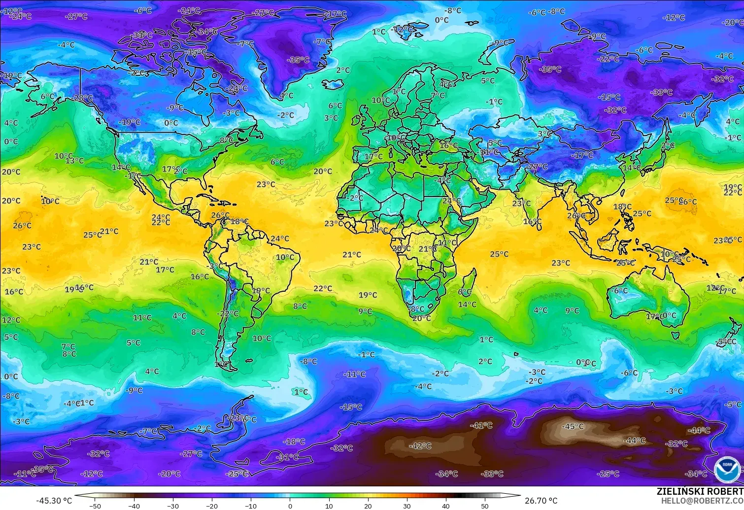 GFS model - Dünya, 2 m Çiy Noktası