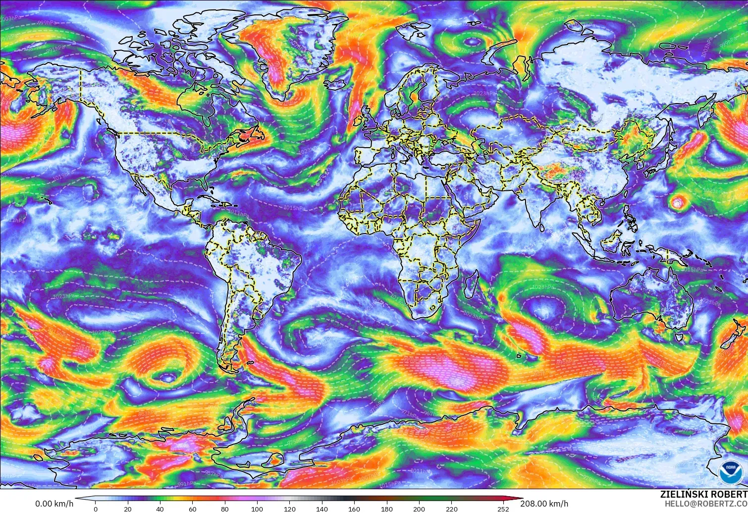 GFS model - Dünya, En Yüksek Rüzgâr