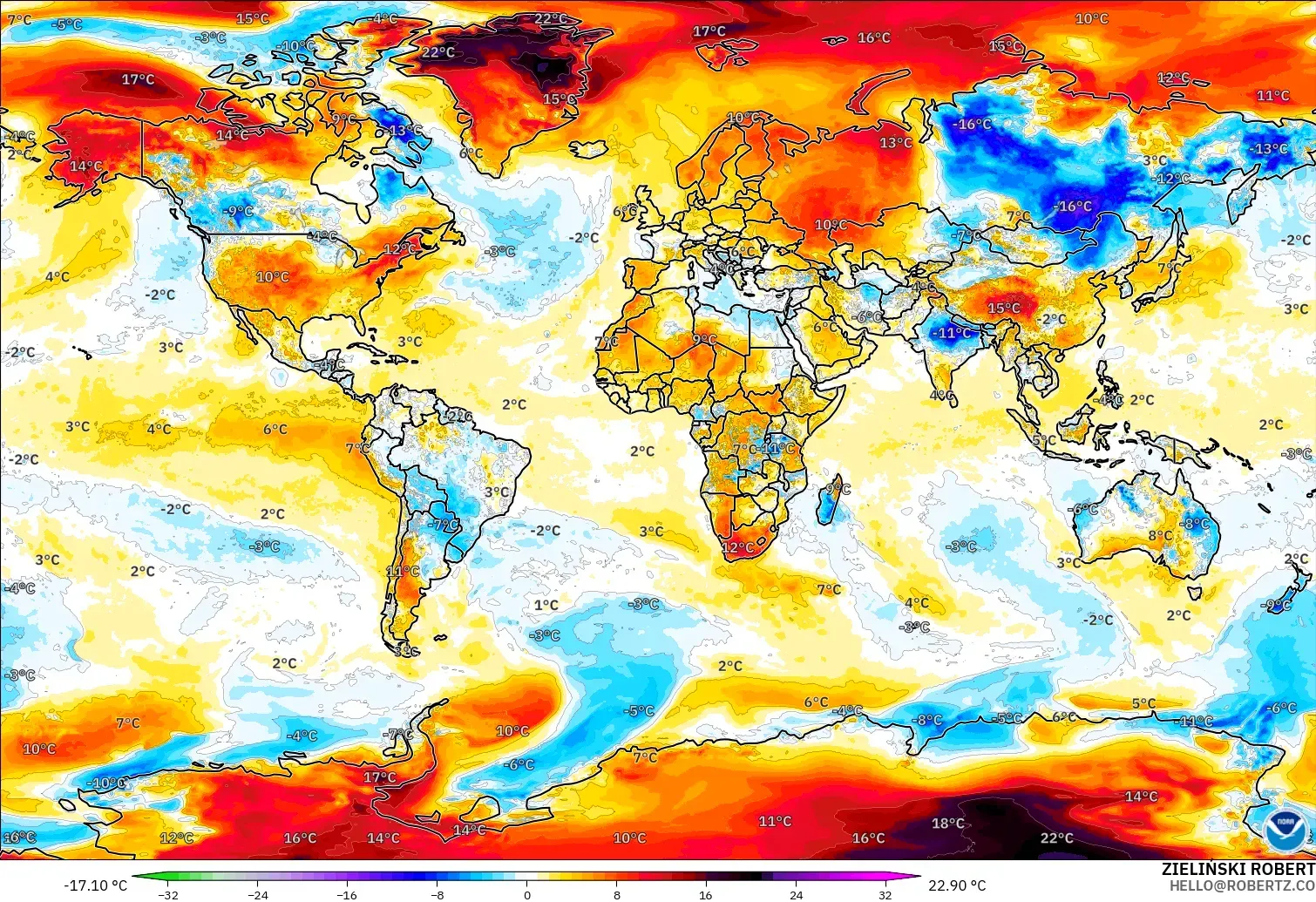GFS model - Dünya, 2 m Sıcaklık Anomalisi