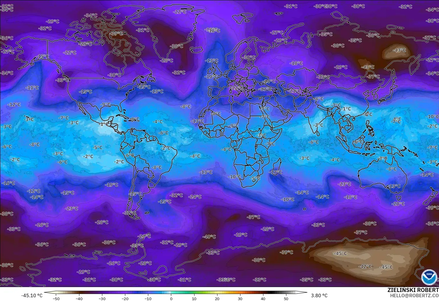 GFS model - Dünya, 500 hPa Sıcaklık