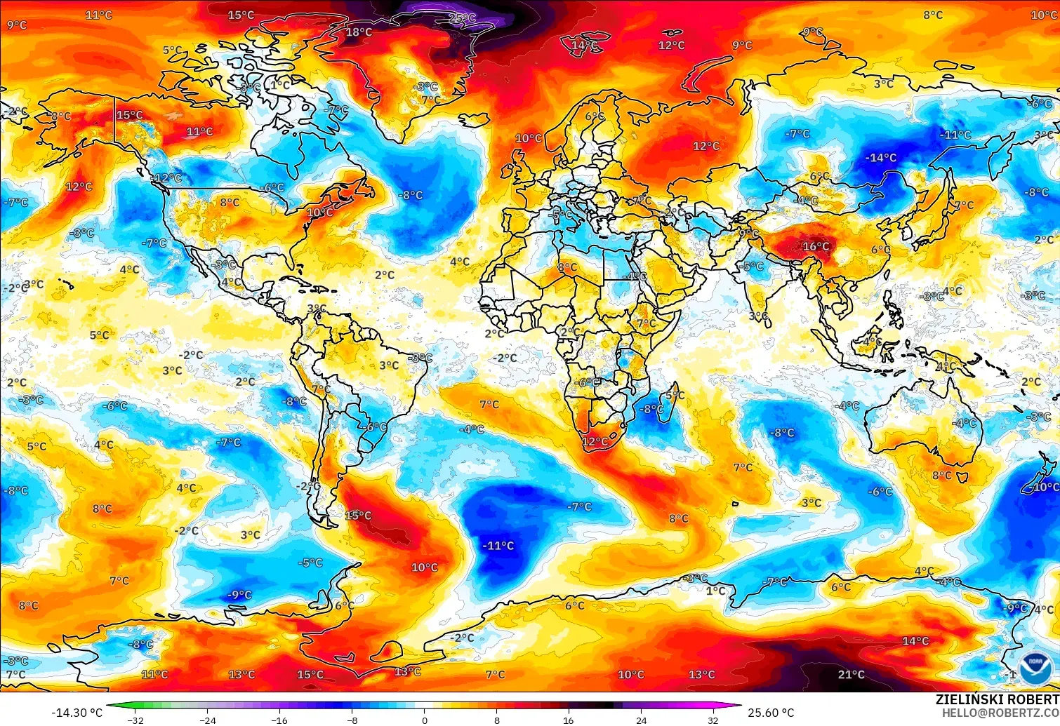 GFS model - Dünya, 850 hPa Sıcaklık Anomalisi