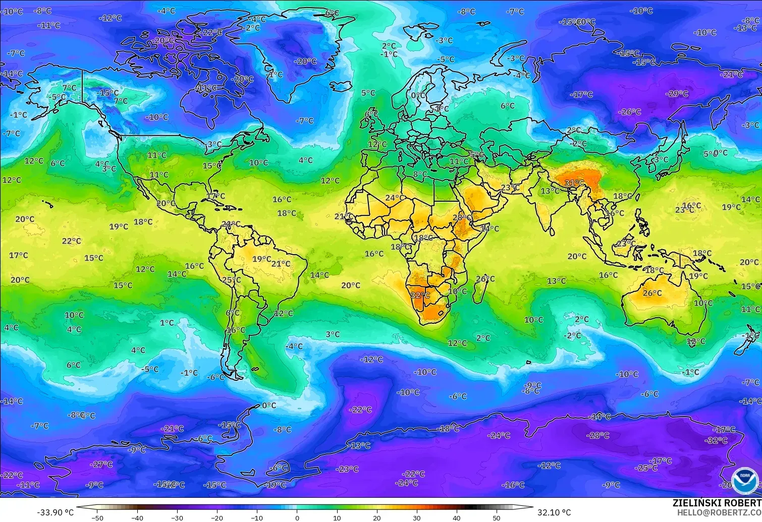 GFS model - Dünya, 850 hPa Sıcaklık
