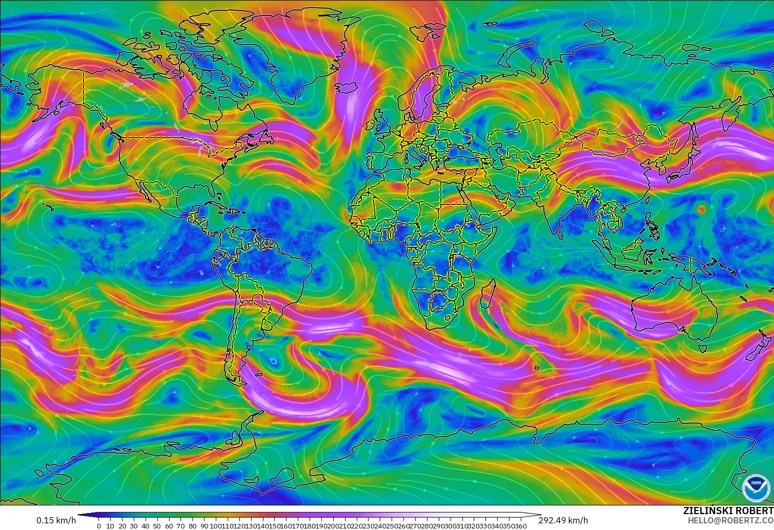 GFS model - Dünya, 300 hPa Rüzgârı (jet)