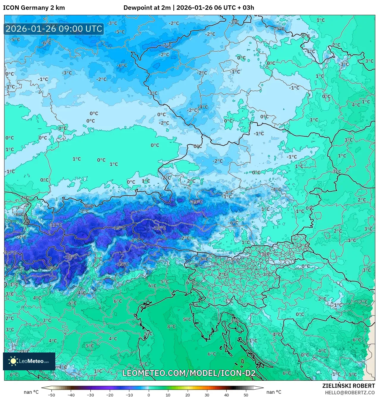ICON Almanya 2 km model - Avusturya, 2 m Çiy Noktası