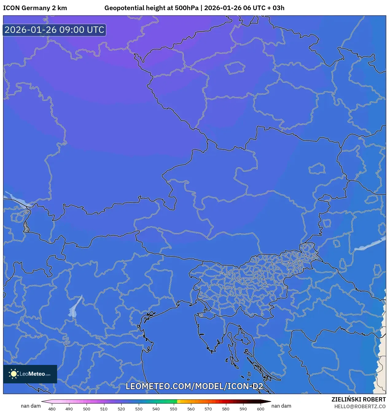 ICON Almanya 2 km model - Avusturya, 500 hPa’da jeopotansiyel yükseklik
