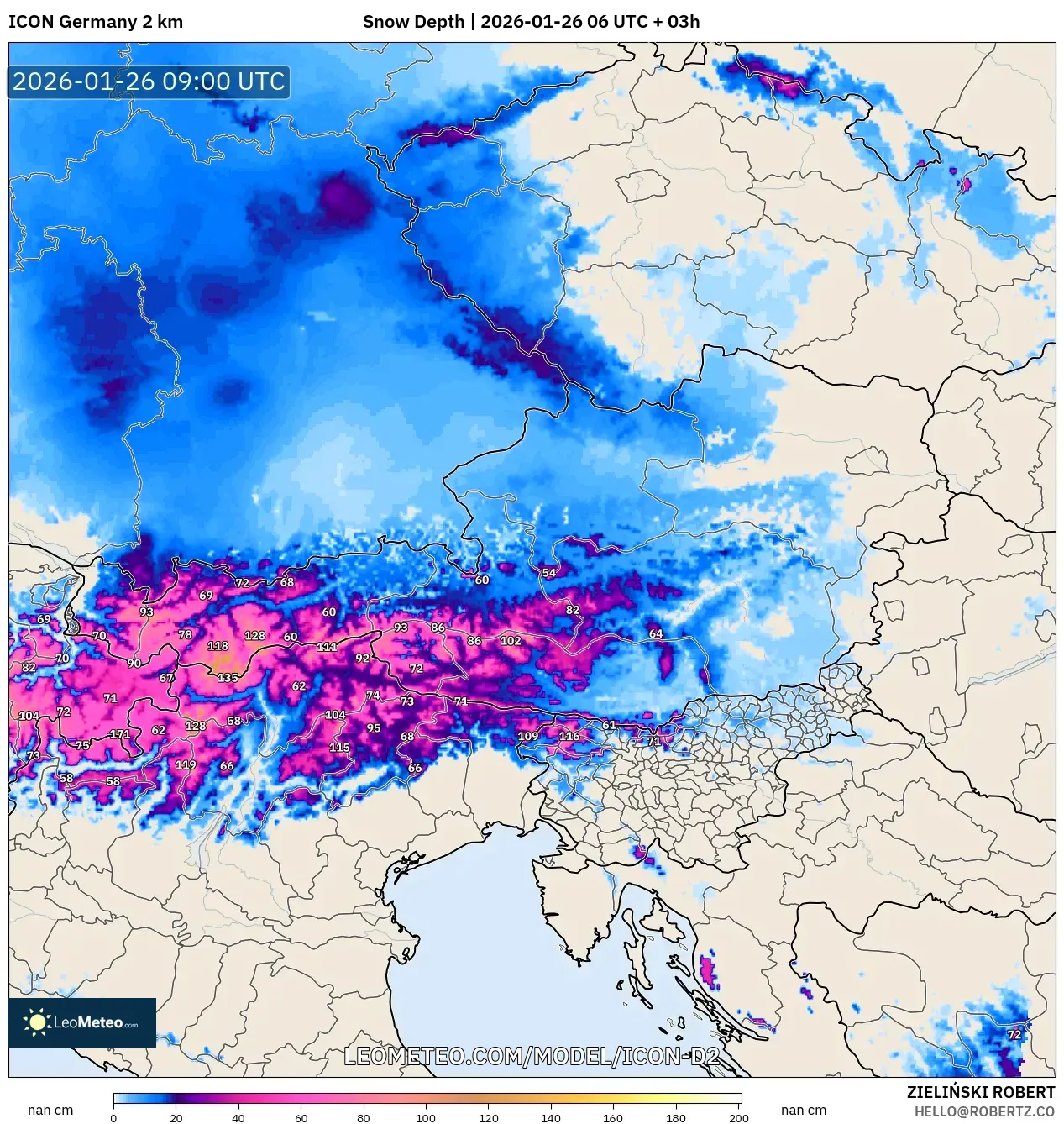 ICON Almanya 2 km model - Avusturya, Kar Kalınlığı
