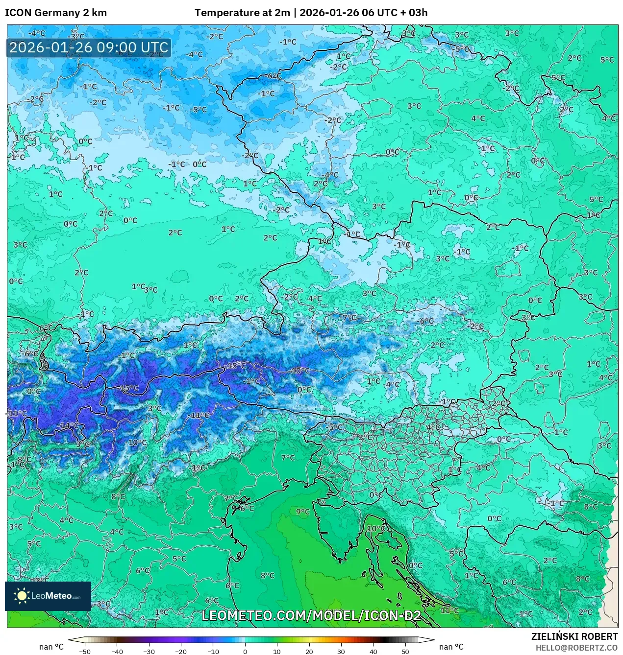 ICON Almanya 2 km model - Avusturya, 2 m Sıcaklık