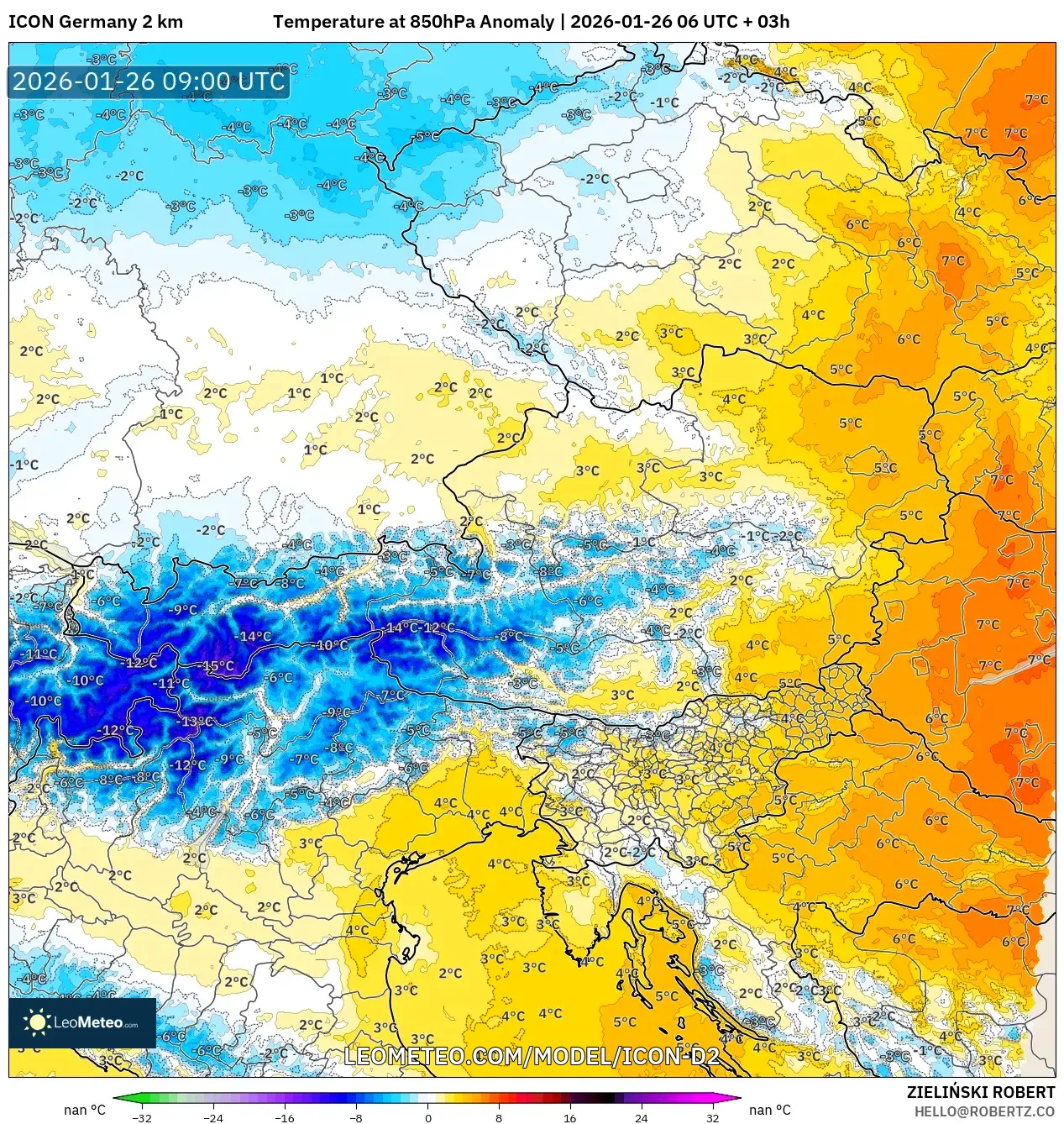 ICON Almanya 2 km model - Avusturya, 850 hPa Sıcaklık Anomalisi