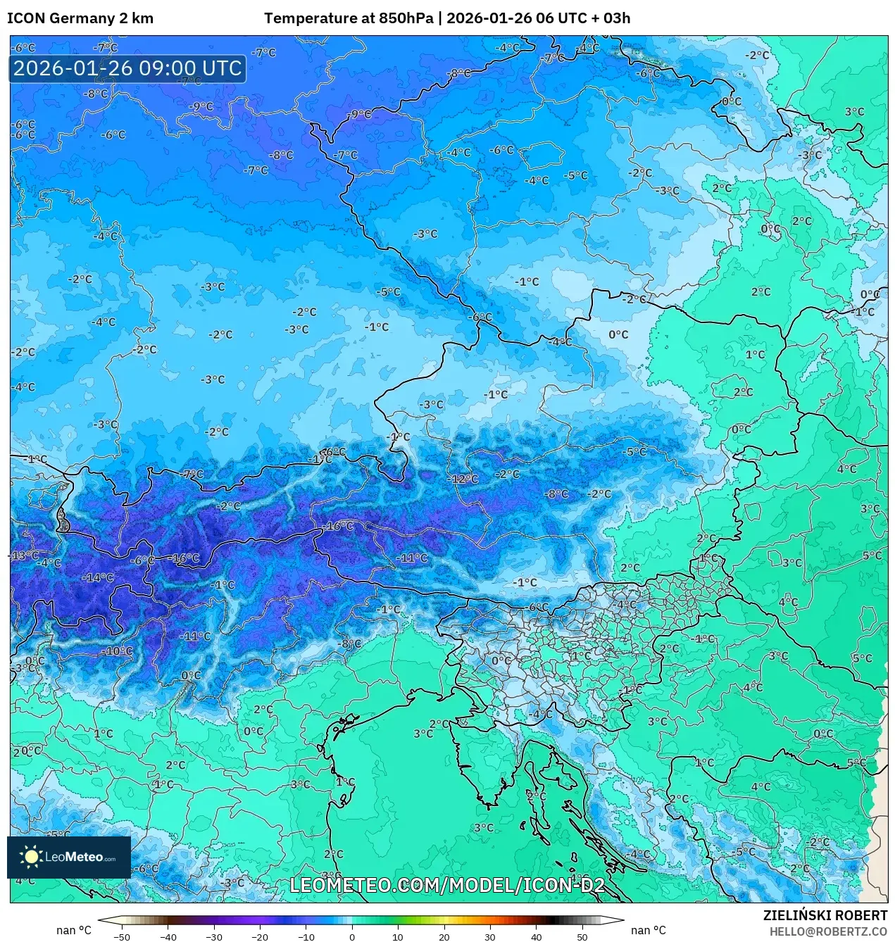 ICON Almanya 2 km model - Avusturya, 850 hPa Sıcaklık