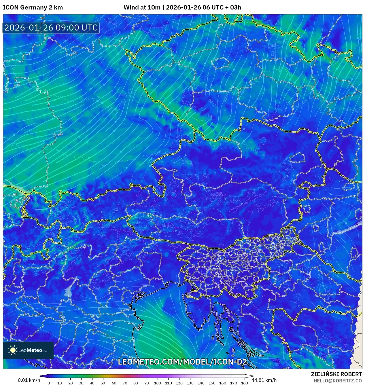 ICON Almanya 2 km model - Avusturya, 10 m Rüzgâr