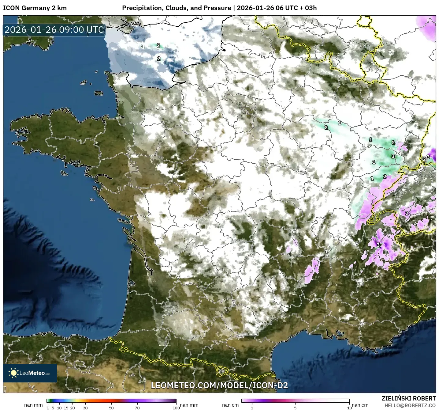 ICON Almanya 2 km model - Fransa, Yağış, Bulut ve Basınç