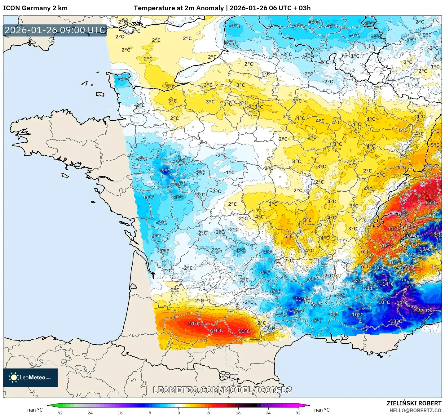 ICON Almanya 2 km model - Fransa, 2 m Sıcaklık Anomalisi