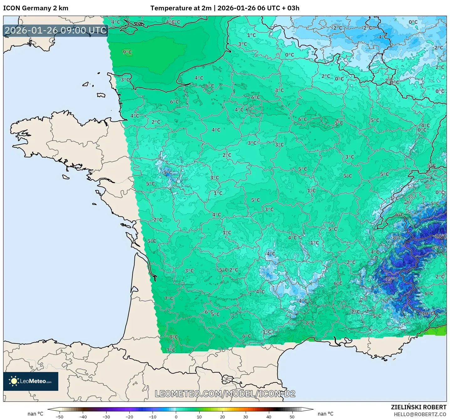 ICON Almanya 2 km model - Fransa, 2 m Sıcaklık