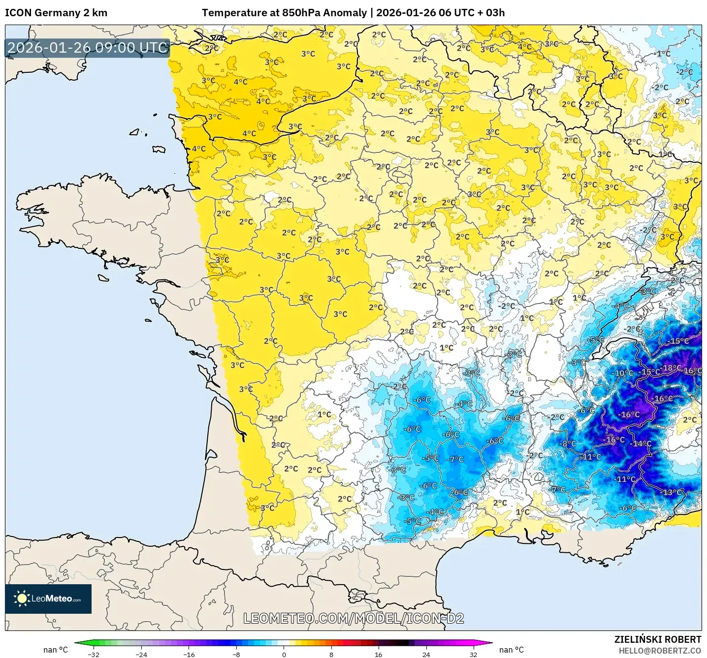 ICON Almanya 2 km model - Fransa, 850 hPa Sıcaklık Anomalisi