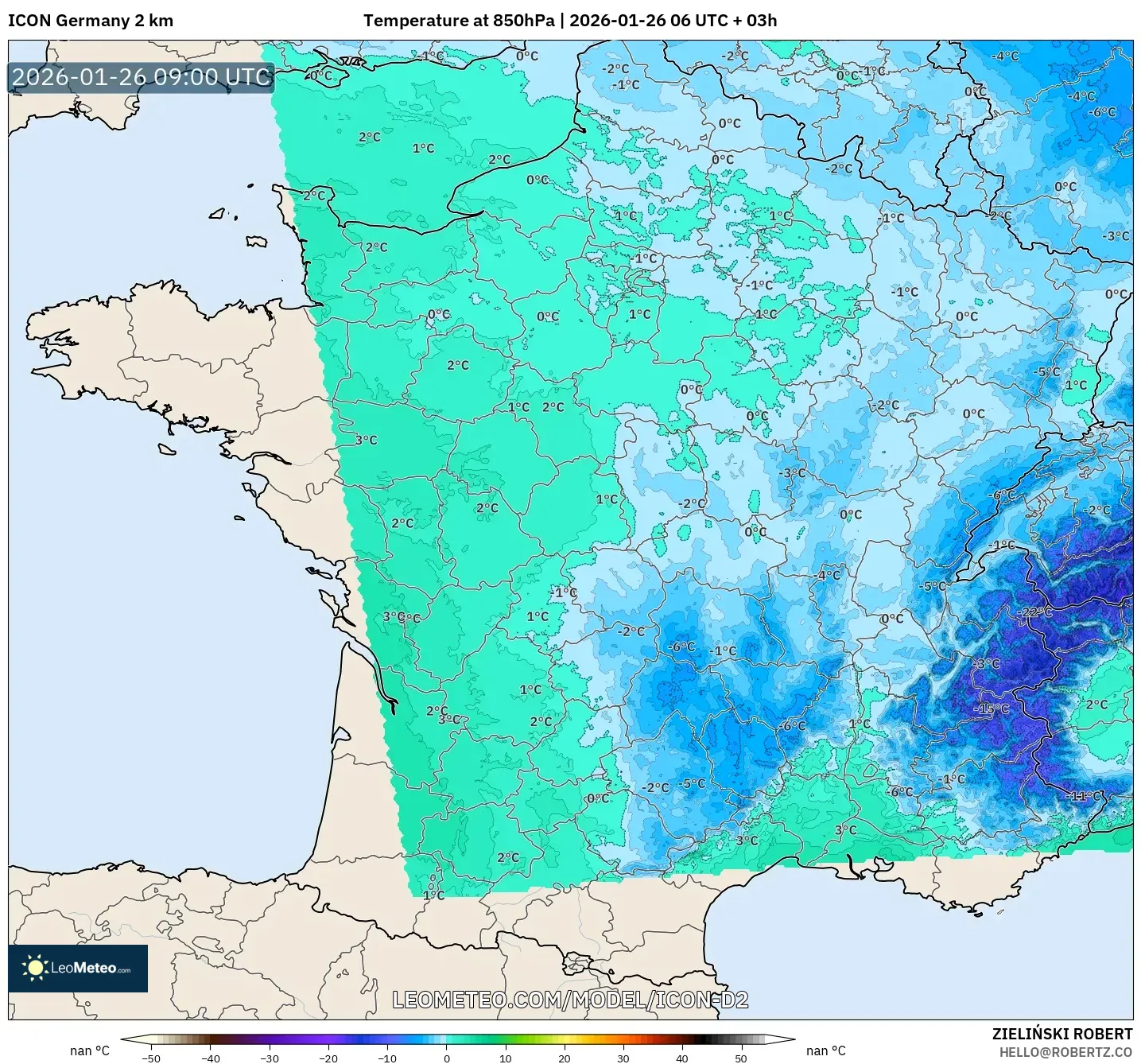 ICON Almanya 2 km model - Fransa, 850 hPa Sıcaklık