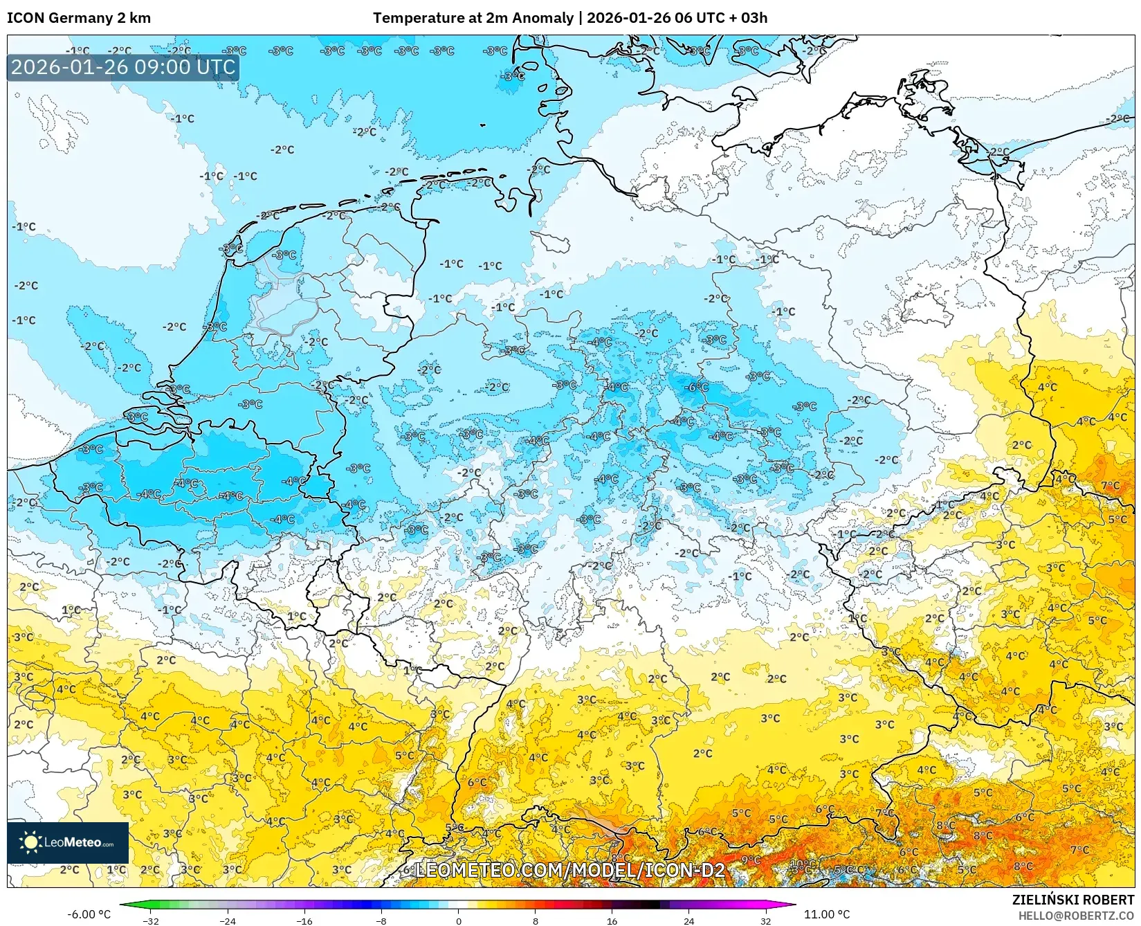 ICON Almanya 2 km model - Almanya, 2 m Sıcaklık Anomalisi