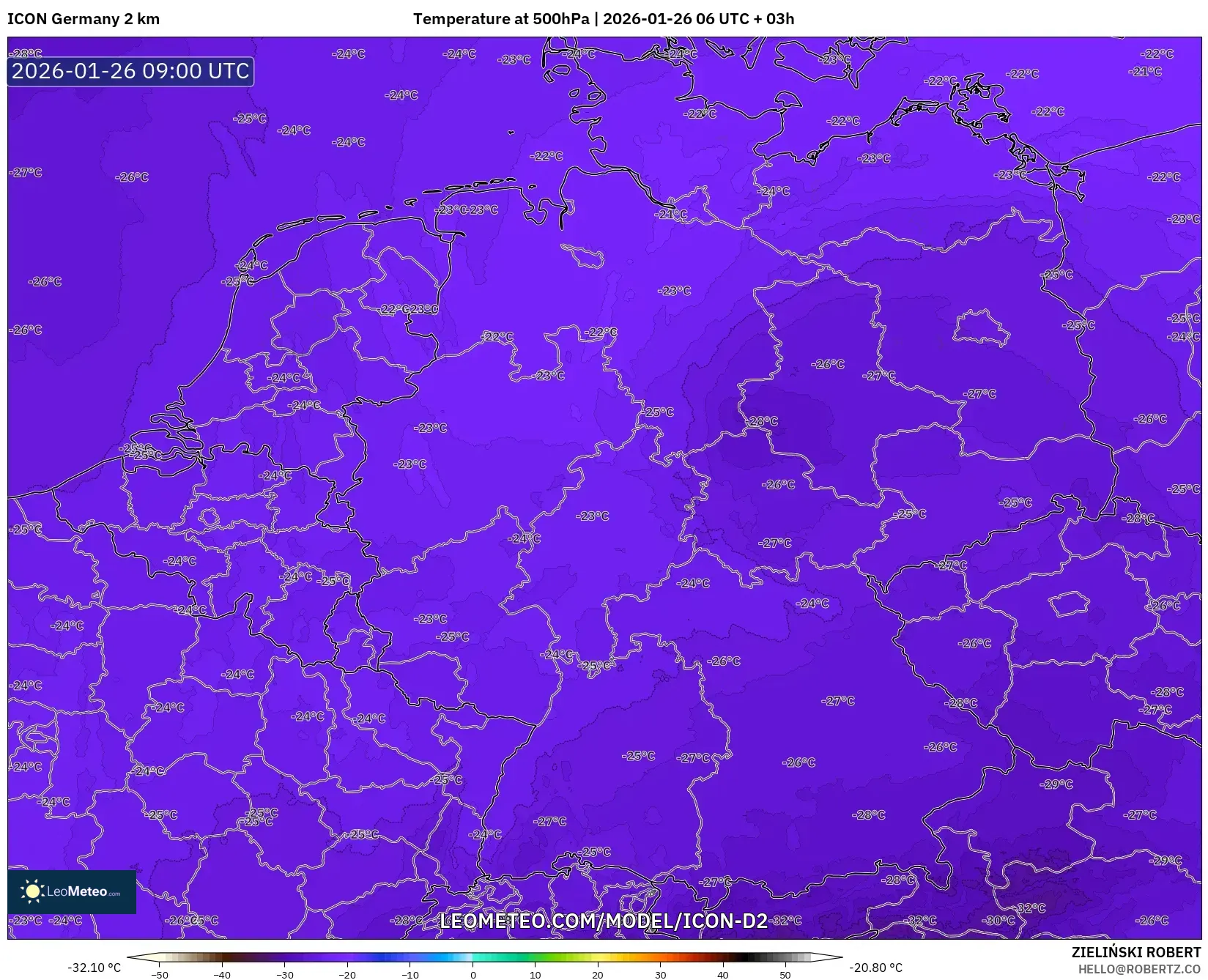 ICON Almanya 2 km model - Almanya, 500 hPa Sıcaklık