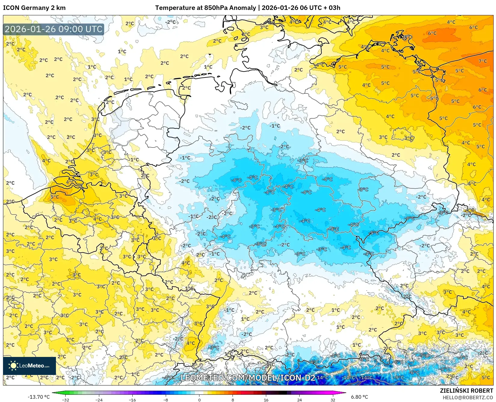ICON Almanya 2 km model - Almanya, 850 hPa Sıcaklık Anomalisi
