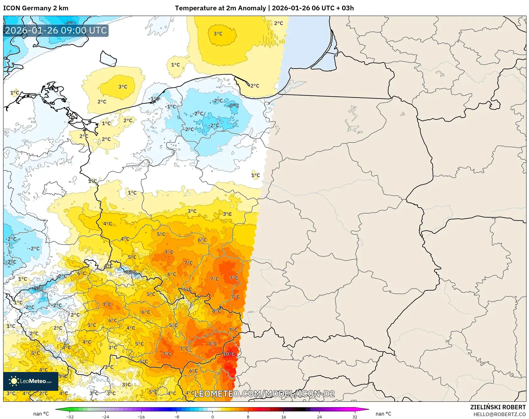 ICON Almanya 2 km model - Polonya, 2 m Sıcaklık Anomalisi