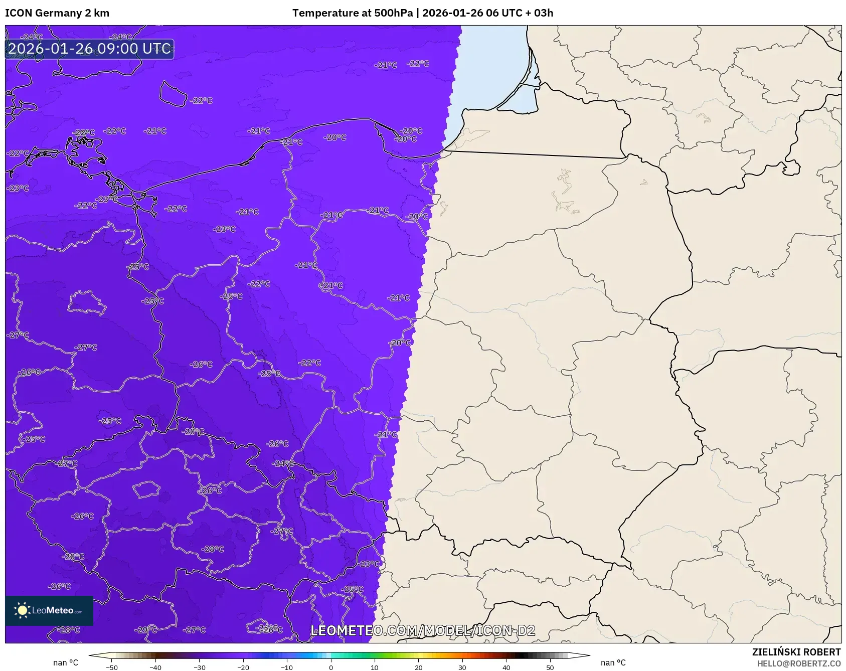 ICON Almanya 2 km model - Polonya, 500 hPa Sıcaklık